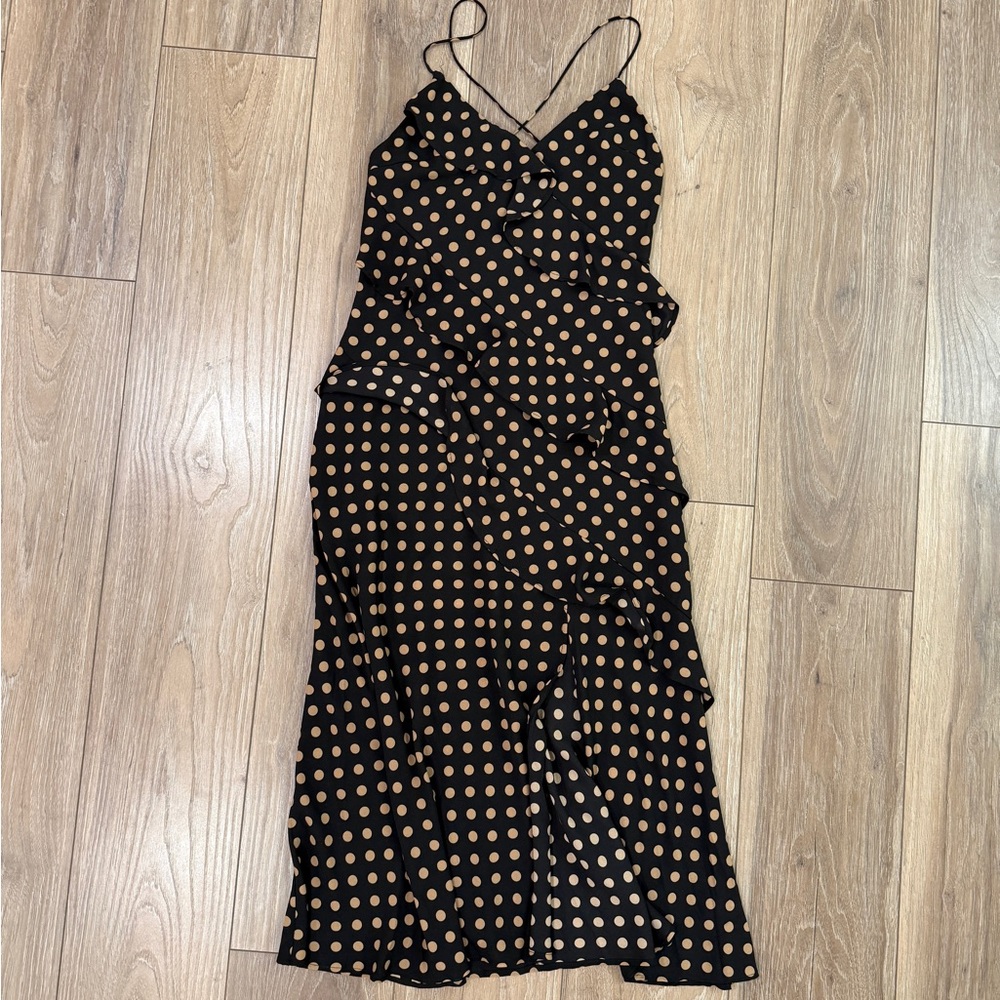 MINKPINK Ayat Cami Frill Slip Polka Dot Midi Dress in Mocha and Black Size Small - Picture 2 of 5